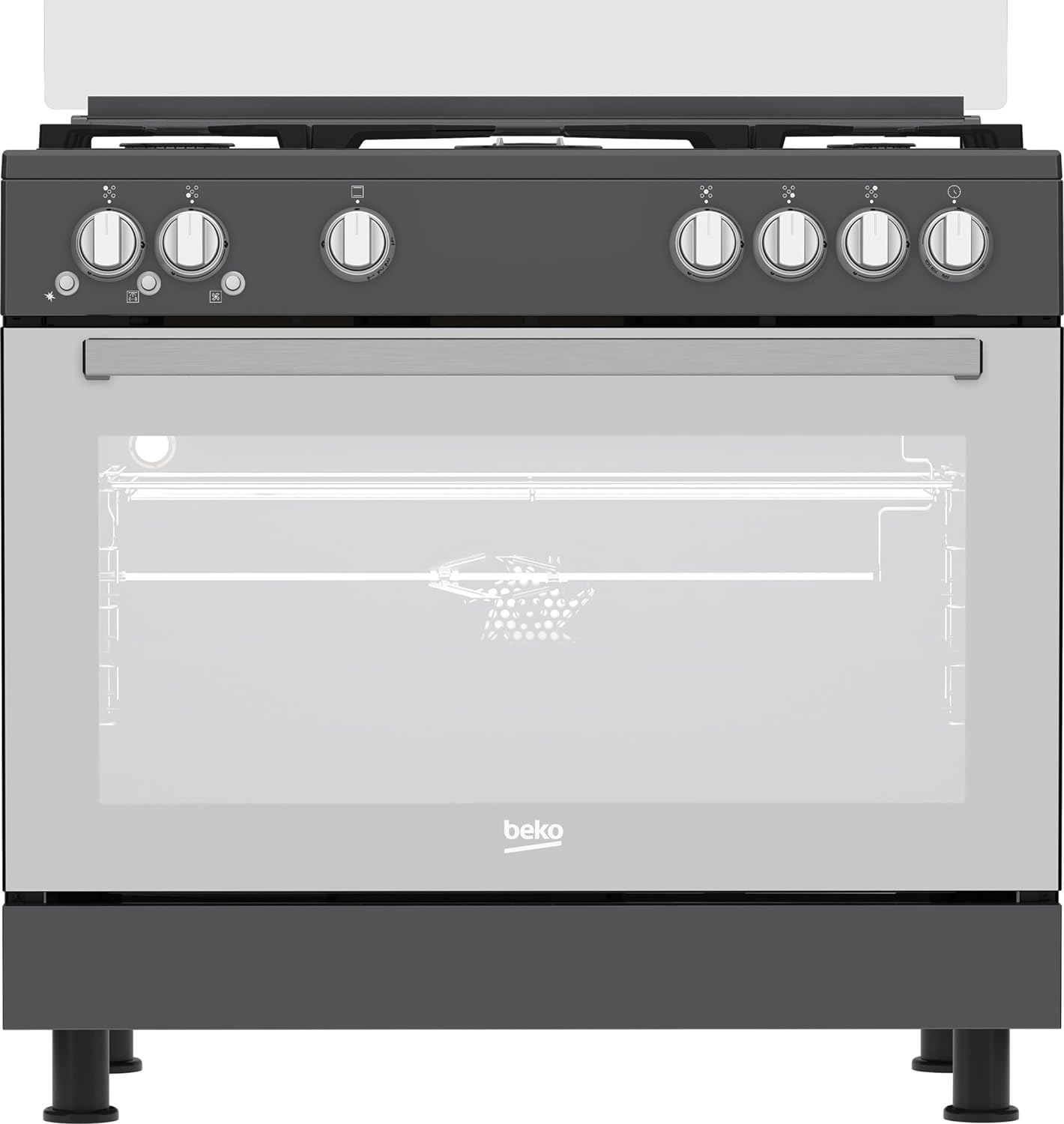 بيكو بوتاجاز غاز - 90 سم - 5 شعلات - مروحة تبريد امنة بالكامل + مروحة طبخ + ستانلس غامق + دعم مقلاة مصبوبة (GGR 15115 DX NA)