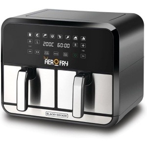 قلاية هوائية ديجيتال بتصميم مزدوج 1700 وات سعة 4 ليتر + 4 ليتر مع دوران سريع للهواء الساخن للقلي والشواء والتحميص والخبز من بلاك اند ديكر، موديل DZAF1700-B5، 8 ليتر، 1700 واط، متعدد