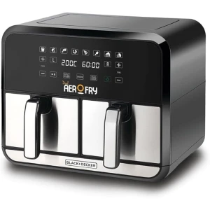 قلاية هوائية ديجيتال بتصميم مزدوج 1700 وات سعة 4 ليتر + 4 ليتر مع دوران سريع للهواء الساخن للقلي والشواء والتحميص والخبز من بلاك اند ديكر، موديل DZAF1700-B5، 8 ليتر، 1700 واط، متعدد