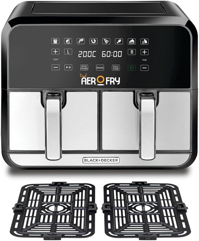 قلاية هوائية ديجيتال بتصميم مزدوج 1700 وات سعة 4 ليتر + 4 ليتر مع دوران سريع للهواء الساخن للقلي والشواء والتحميص والخبز من بلاك اند ديكر، موديل DZAF1700-B5، 8 ليتر، 1700 واط، متعدد - الصورة 5