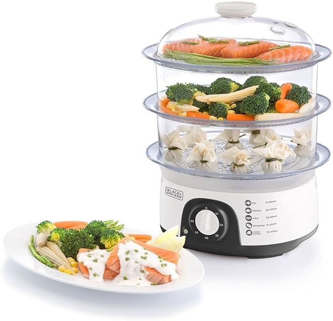 Black & Decker 3 Tier Food Steamer, Hs6000-B5, White,10 Liters, Plastic Material-2 YEARS WARRANTY