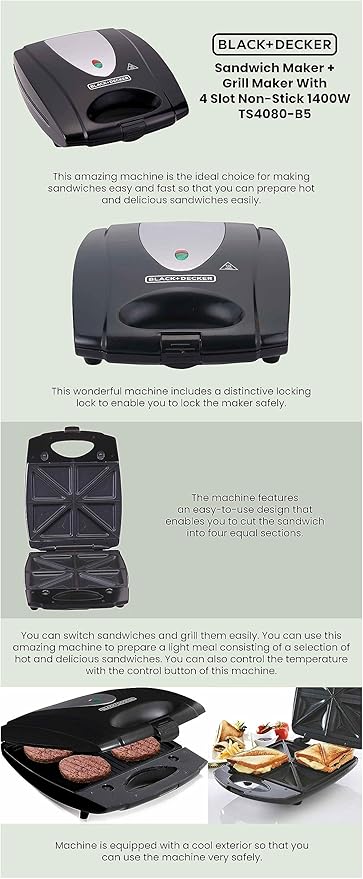 بلاك اند ديكر جهاز صنع الساندويتشات 4 فتحات Ts4080-B5 ، 1400 وات - اسود - الصورة 4