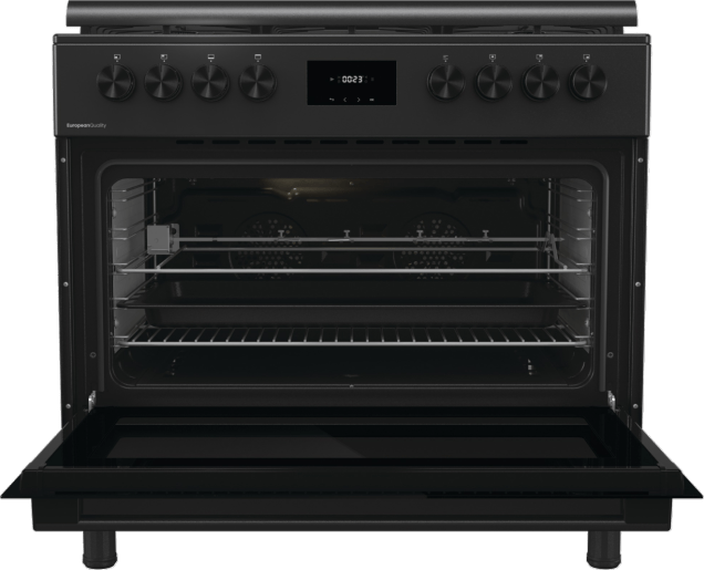 بوتجاز غاز 90 سم اسود، 5 شعلات غاز، فرن بسعة صافية 92 لتر مع مروحتين و جوانب كاتليتك، حوامل زهر، وظيفة المقلاه الهوائية - GGI9C20B - الصورة 2