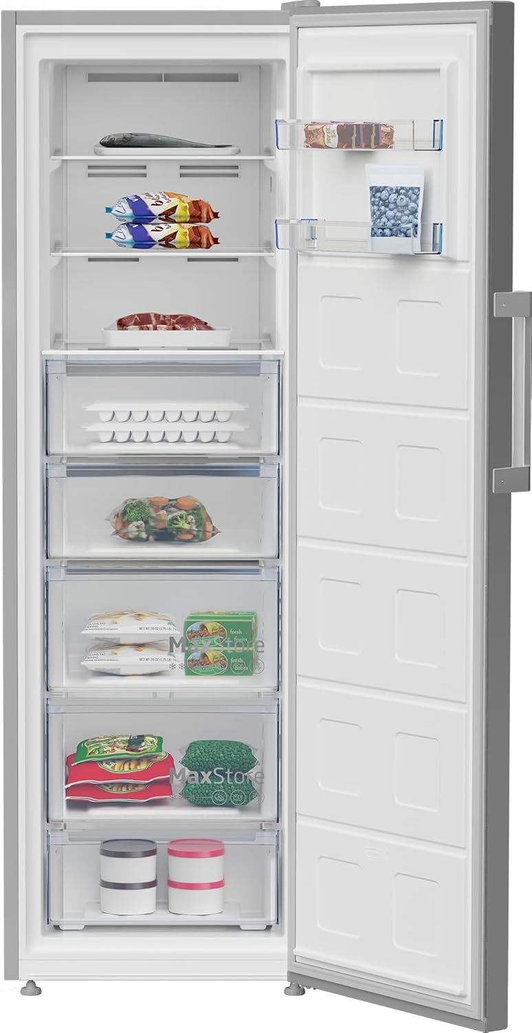 Beko Upright Freezer, 8 Drawers, 286L No-Frost, 186.5 cm Height, Silver, Glass Shelves, Reversible Door - B3RFNE314ZXPE1 - Image 3