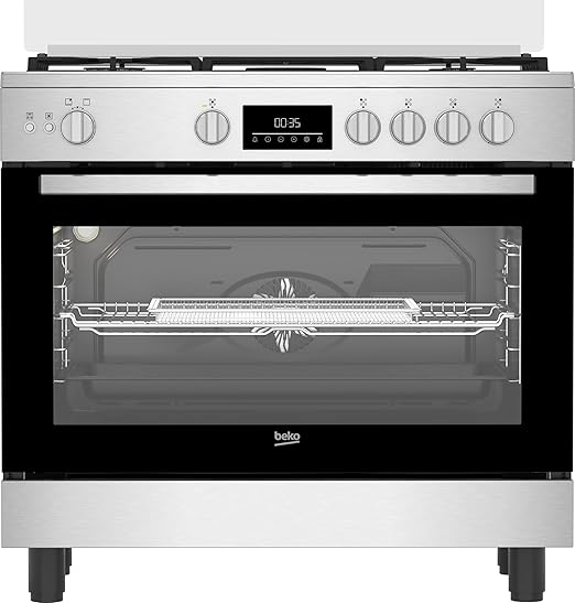 Beko 2x1 Free-Standing Stove - Air Fryer Function - 90 cm - Cast Iron Holders - 5 Burners - Cooling and Cooking Fans - LED Digital Display - Large Oven - Stainless Steel - BGGR 11225 GXA