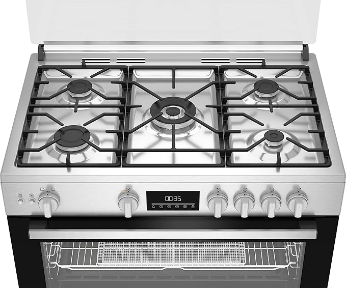 Beko 2x1 Free-Standing Stove - Air Fryer Function - 90 cm - Cast Iron Holders - 5 Burners - Cooling and Cooking Fans - LED Digital Display - Large Oven - Stainless Steel - BGGR 11225 GXA - Image 4