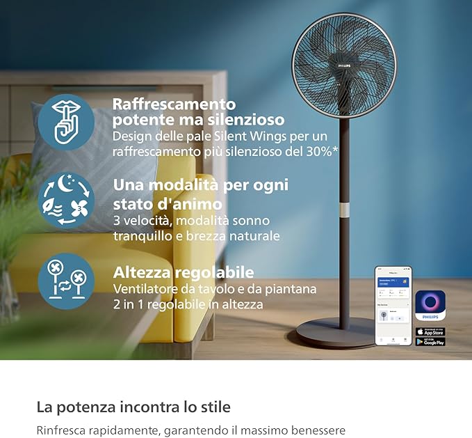 مروحة أرضية ذكية من فيليبس، سلسلة 3000. قوية وهادئة للغاية بتقنية سايلنت وينجز. 19 ديسيبل. مروحة طاولة وقاعدة 2 في 1. قابلة للإمالة والدوران. تحكم عبر التطبيق. 12 مؤقتًا. لون أسود (CX3550/01) - الصورة 3