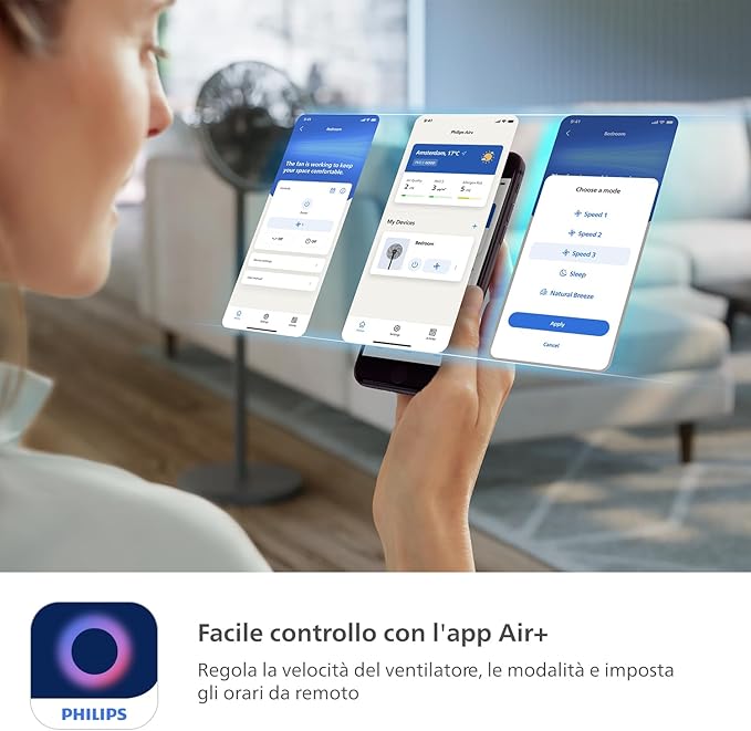 مروحة أرضية ذكية من فيليبس، سلسلة 3000. قوية وهادئة للغاية بتقنية سايلنت وينجز. 19 ديسيبل. مروحة طاولة وقاعدة 2 في 1. قابلة للإمالة والدوران. تحكم عبر التطبيق. 12 مؤقتًا. لون أسود (CX3550/01) - الصورة 6