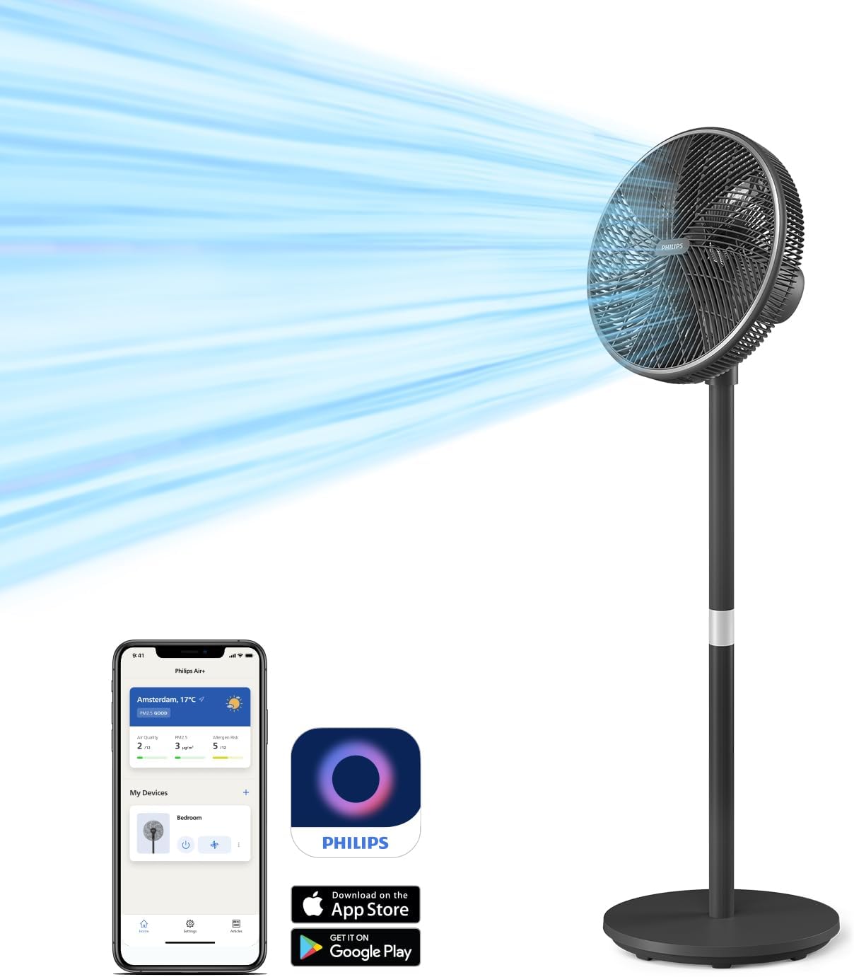 مروحة أرضية ذكية من فيليبس، سلسلة 3000. قوية وهادئة للغاية بتقنية سايلنت وينجز. 19 ديسيبل. مروحة طاولة وقاعدة 2 في 1. قابلة للإمالة والدوران. تحكم عبر التطبيق. 12 مؤقتًا. لون أسود (CX3550/01) - الصورة 8