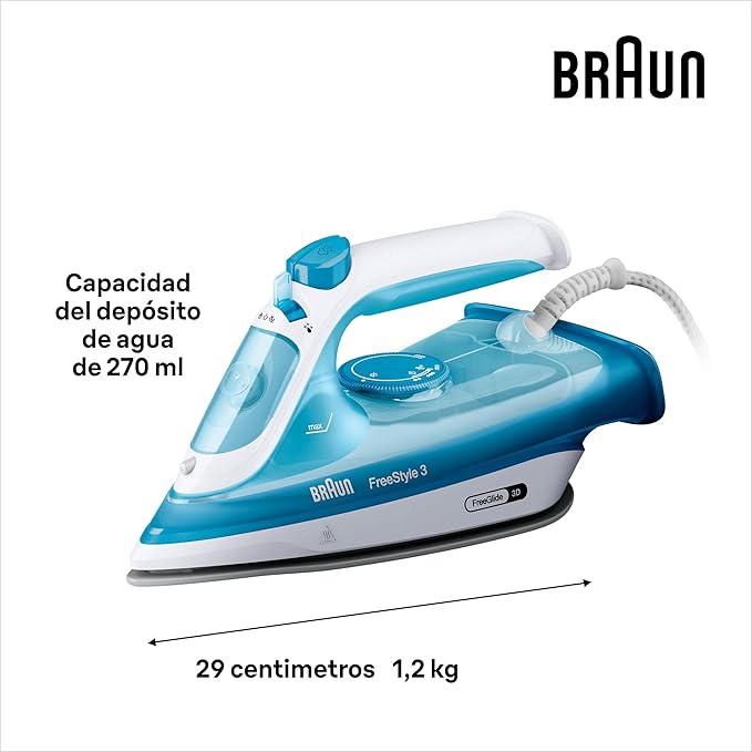 مكواة بخار براون فري ستايل 3 بتقنية 3D FreeGlide، قاعدة سيراميك فائقة، إيقاف تشغيل تلقائي، خزان سعة 270 مل، قوة 2400 واط، FI 3144، أزرق - الصورة 2
