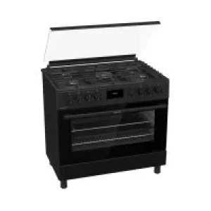 بوتاجاز غاز جرونيا قائم بذاته، أسود، 90 سم، 5 شعلات غاز، سعة 110 لتر، فرن متعدد الوظائف مع مروحة، قاعدة مقلاة من حديد الزهر، قلي هوائي، باب بإغلاق خفيف - GGI9C21B