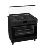 بوتاجاز غاز جرونيا قائم بذاته، أسود، 90 سم، 5 شعلات غاز، سعة 110 لتر، فرن متعدد الوظائف مع مروحة، قاعدة مقلاة من حديد الزهر، قلي هوائي، باب بإغلاق خفيف - GGI9C21B