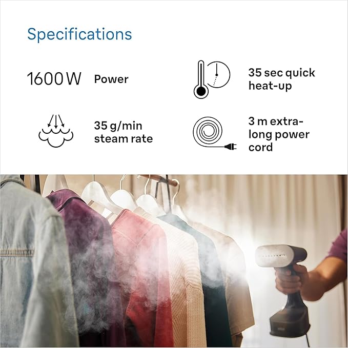 براون كويك ستايل 7 GS7077BK، مكواة بخار عمودية مزودة بلوح تسخين مزدوج FreeGlide 3D، تسخين سريع، بخار 35 غ/دقيقة، سعة 250 مل، كابل بطول 3 أمتار، 1600 واط، لون أسود - الصورة 4