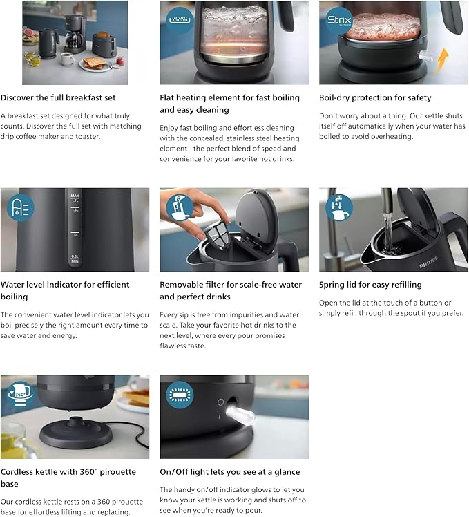 Philips Essential Collection 1000 Series Kettle 1.7 L, 2200 W, Charcoal Grey – Hd9314/91 - Image 2