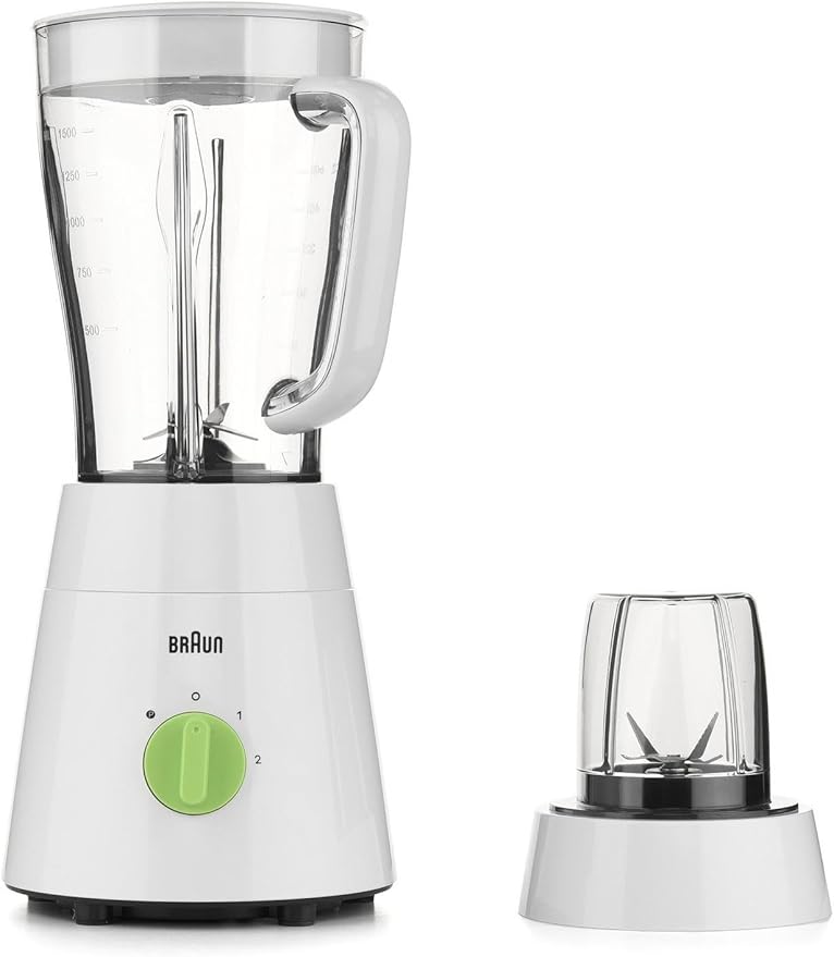 Braun PowerBlend Jug Blender, 500W Motor, 1.5L Capacity, 4-Blade System, Adjustable Speeds, Grinder Mill Attachment, White – JB0115WH