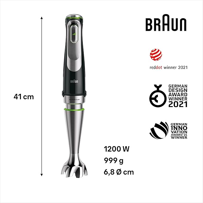 خلاط يدوي براون ملتي كويك 9 MQ مع خاصية التحكم النشط في تناثر المكونات، خلاط، مفرمة مع خفاقة، 1200 واط، أسود/فولاذ مقاوم للصدأ - MQ 9147X - الصورة 3